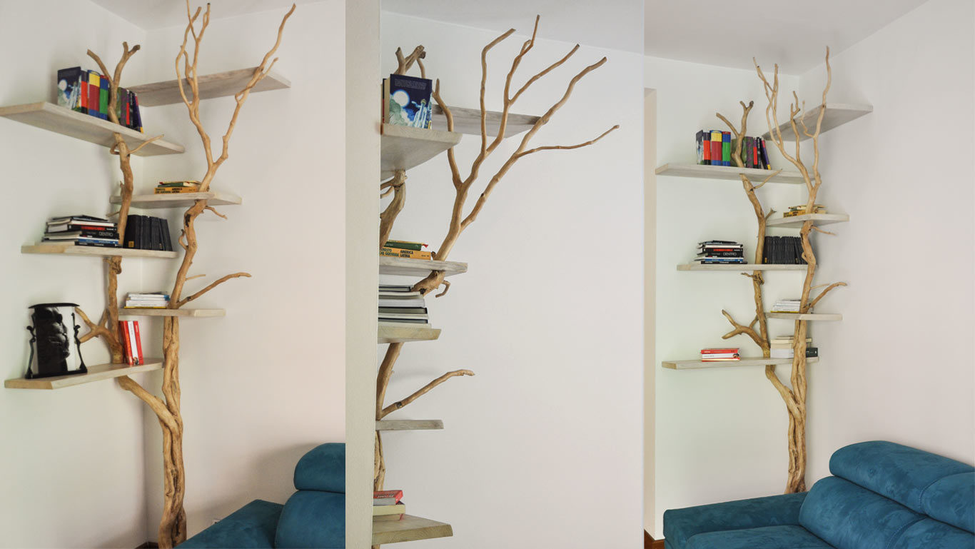 libreria albero con finitura bianca dei ripiani